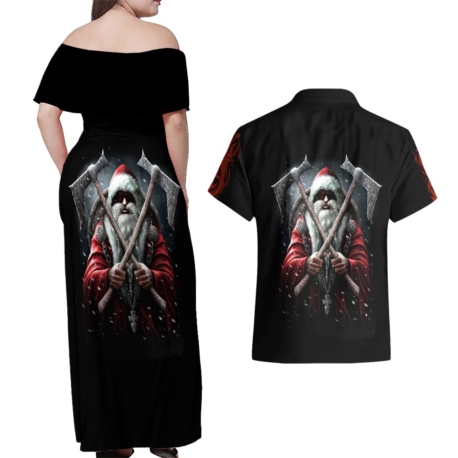 Viking Santa Claus Couples Matching Off Shoulder Maxi Dress and Hawaiian Shirt Vahalla Santa Clau Coming - Wonder Print Shop