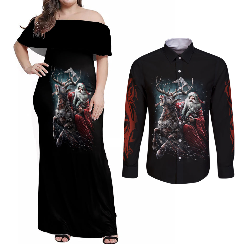 Viking Santa Claus Couples Matching Off Shoulder Maxi Dress and Long Sleeve Button Shirt Vahalla Santa Clau Coming - Wonder Print Shop