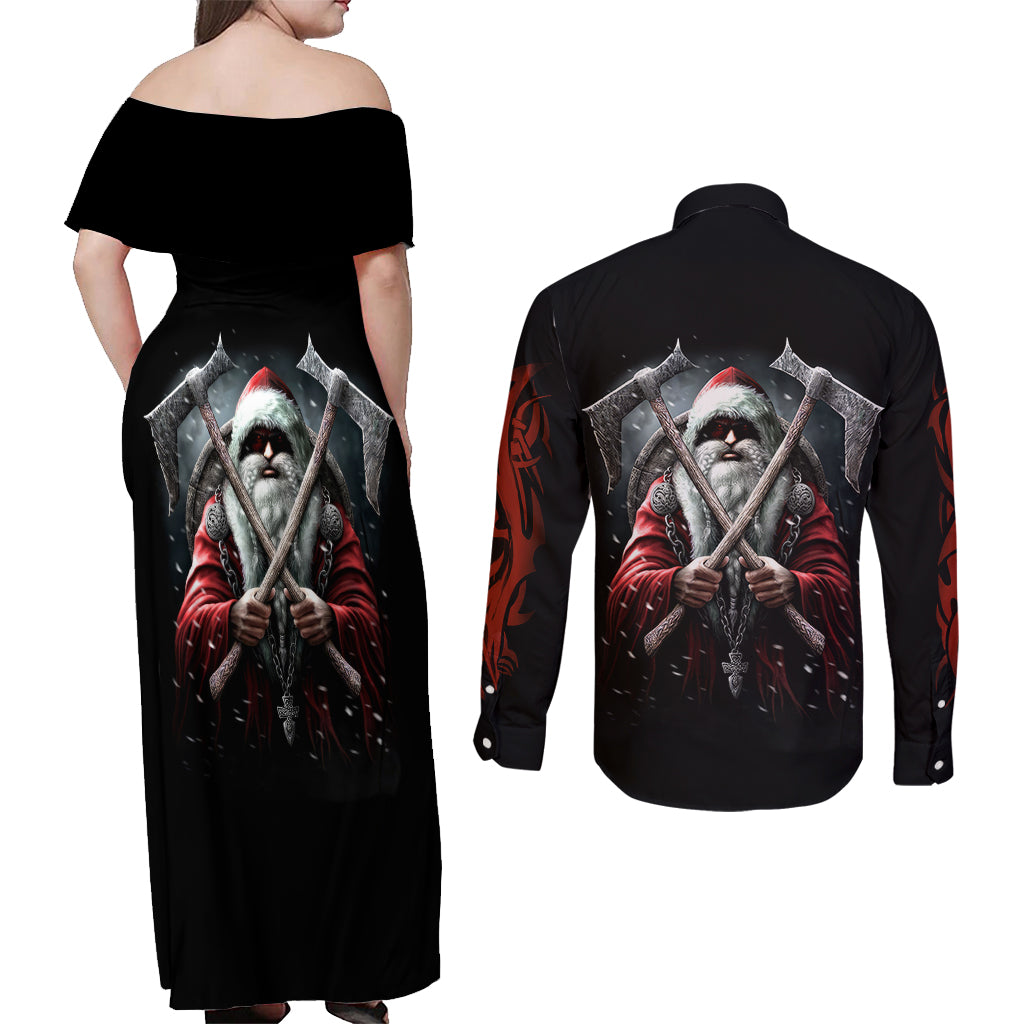 Viking Santa Claus Couples Matching Off Shoulder Maxi Dress and Long Sleeve Button Shirt Vahalla Santa Clau Coming - Wonder Print Shop