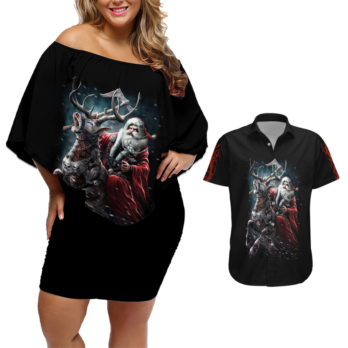 Viking Santa Claus Couples Matching Off Shoulder Short Dress and Hawaiian Shirt Vahalla Santa Clau Coming - Wonder Print Shop