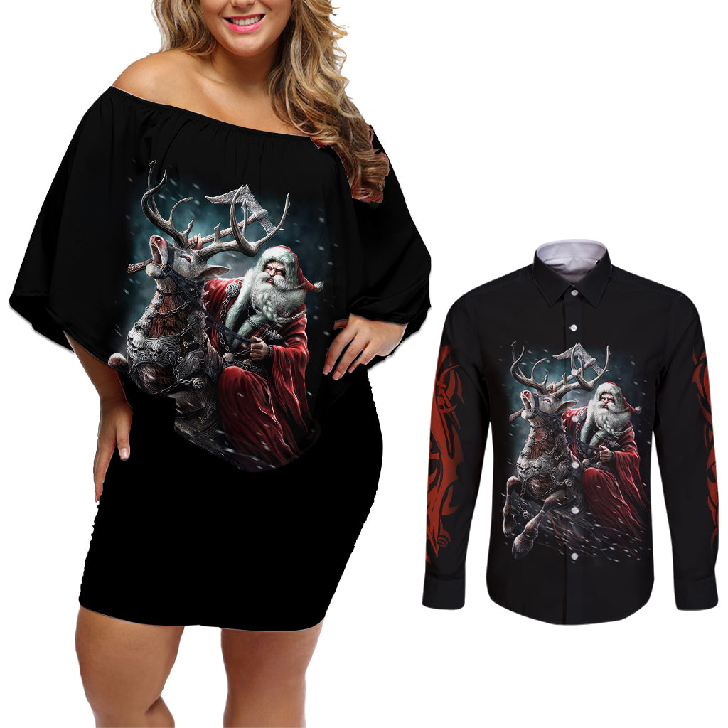 Viking Santa Claus Couples Matching Off Shoulder Short Dress and Long Sleeve Button Shirt Vahalla Santa Clau Coming - Wonder Print Shop