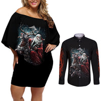 Viking Santa Claus Couples Matching Off Shoulder Short Dress and Long Sleeve Button Shirt Vahalla Santa Clau Coming - Wonder Print Shop