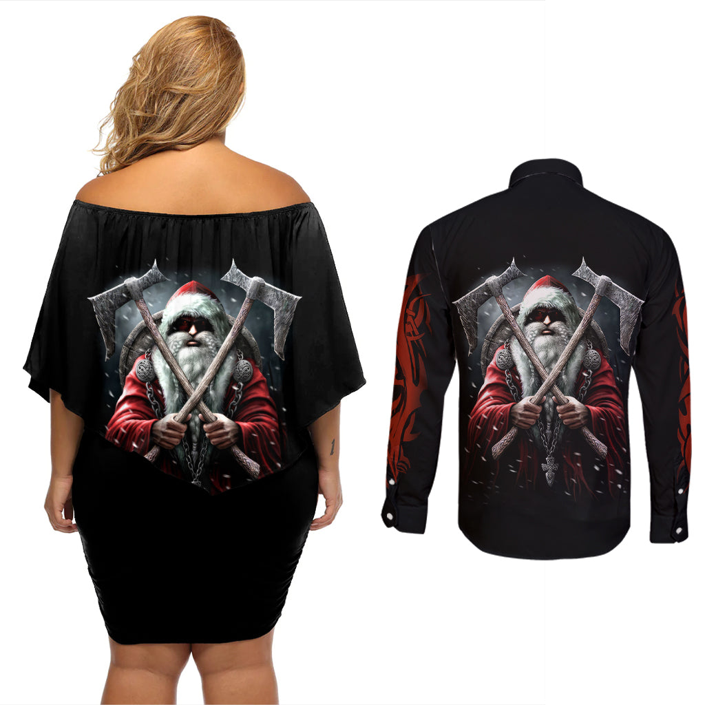 Viking Santa Claus Couples Matching Off Shoulder Short Dress and Long Sleeve Button Shirt Vahalla Santa Clau Coming - Wonder Print Shop