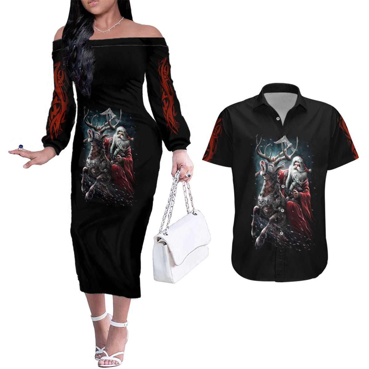 Viking Santa Claus Couples Matching Off The Shoulder Long Sleeve Dress and Hawaiian Shirt Vahalla Santa Clau Coming - Wonder Print Shop