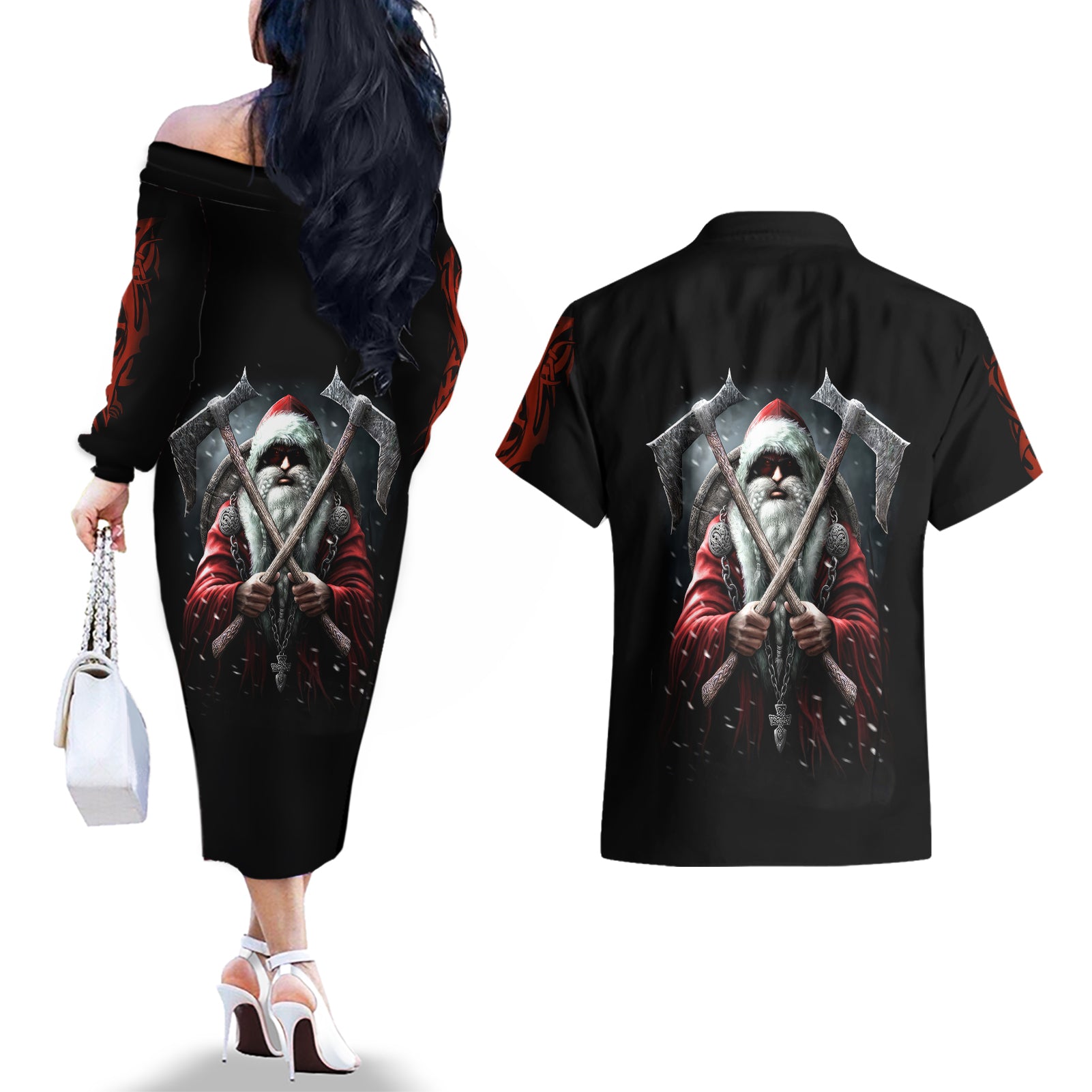 Viking Santa Claus Couples Matching Off The Shoulder Long Sleeve Dress and Hawaiian Shirt Vahalla Santa Clau Coming - Wonder Print Shop