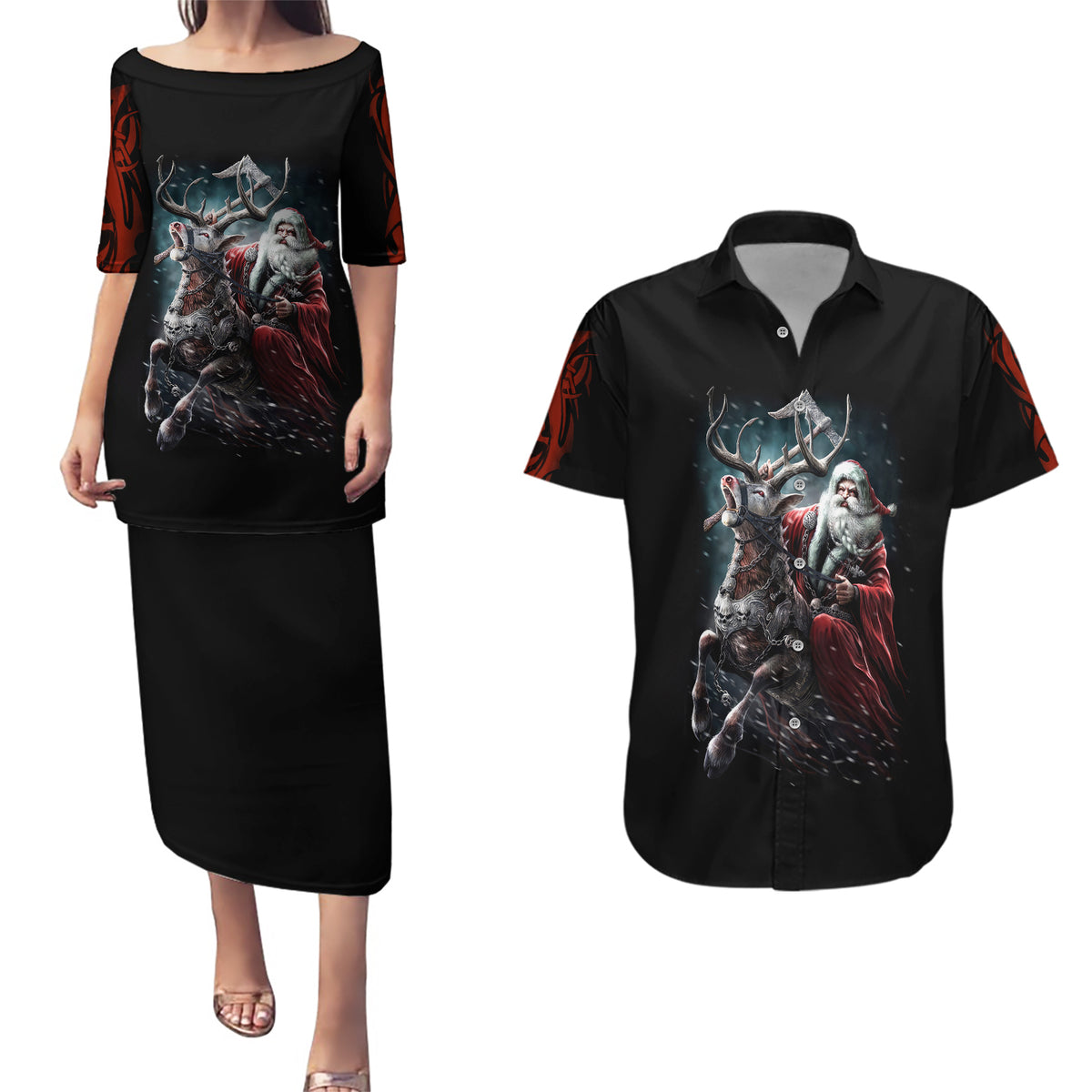Viking Santa Claus Couples Matching Puletasi Dress and Hawaiian Shirt Vahalla Santa Clau Coming - Wonder Print Shop