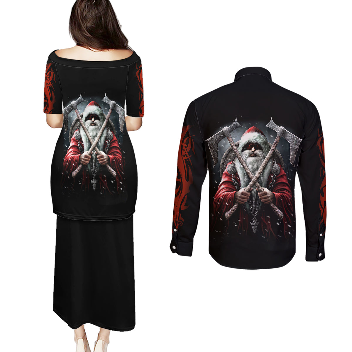 Viking Santa Claus Couples Matching Puletasi Dress and Long Sleeve Button Shirt Vahalla Santa Clau Coming - Wonder Print Shop