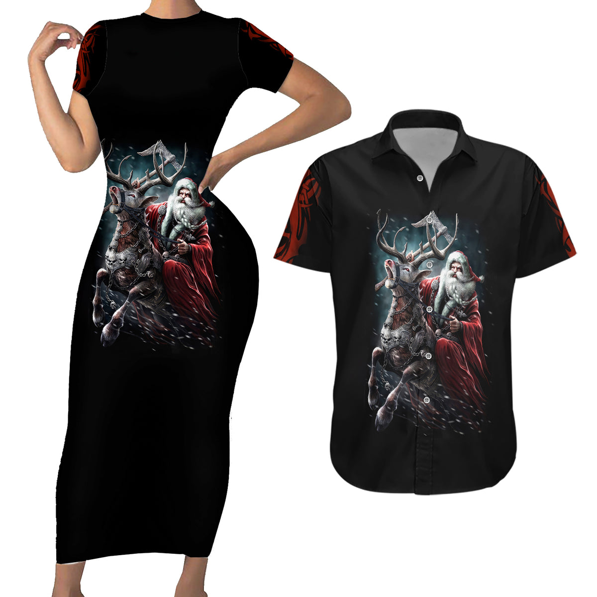 Viking Santa Claus Couples Matching Short Sleeve Bodycon Dress and Hawaiian Shirt Vahalla Santa Clau Coming - Wonder Print Shop