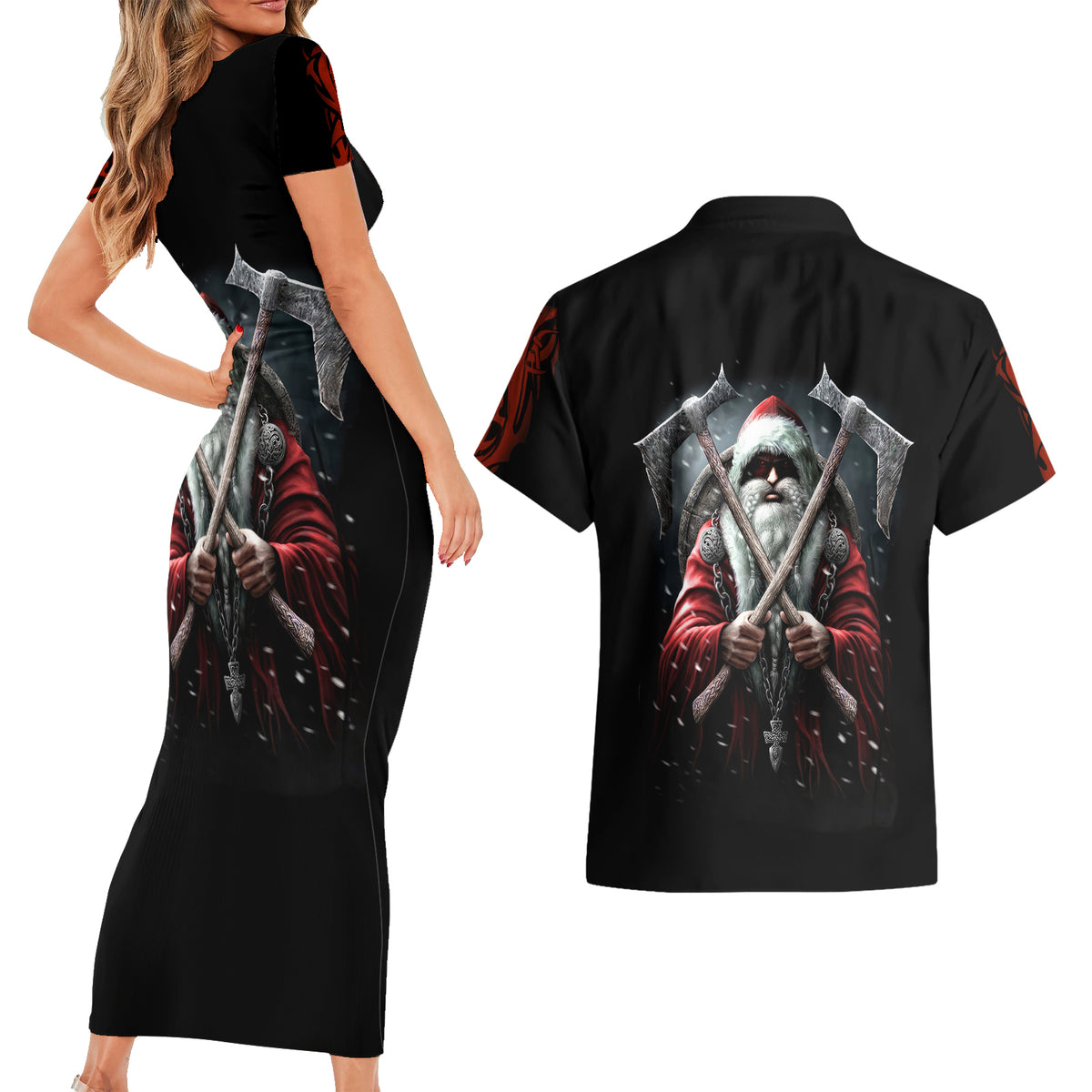 Viking Santa Claus Couples Matching Short Sleeve Bodycon Dress and Hawaiian Shirt Vahalla Santa Clau Coming - Wonder Print Shop