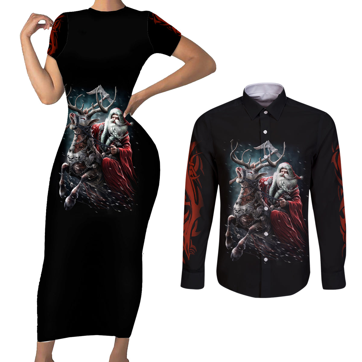 Viking Santa Claus Couples Matching Short Sleeve Bodycon Dress and Long Sleeve Button Shirt Vahalla Santa Clau Coming - Wonder Print Shop