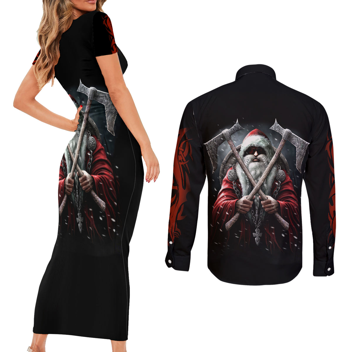 Viking Santa Claus Couples Matching Short Sleeve Bodycon Dress and Long Sleeve Button Shirt Vahalla Santa Clau Coming - Wonder Print Shop
