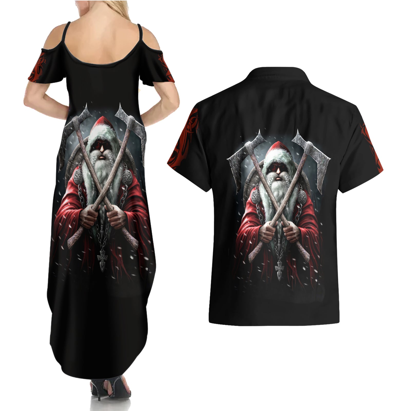 Viking Santa Claus Couples Matching Summer Maxi Dress and Hawaiian Shirt Vahalla Santa Clau Coming - Wonder Print Shop