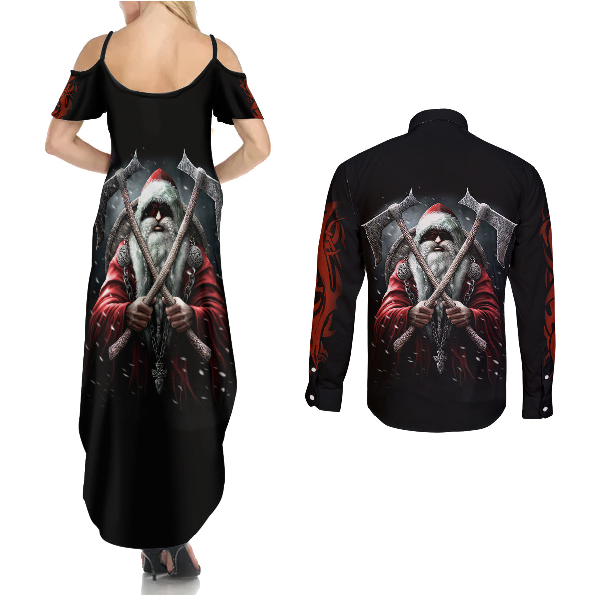 Viking Santa Claus Couples Matching Summer Maxi Dress and Long Sleeve Button Shirt Vahalla Santa Clau Coming - Wonder Print Shop