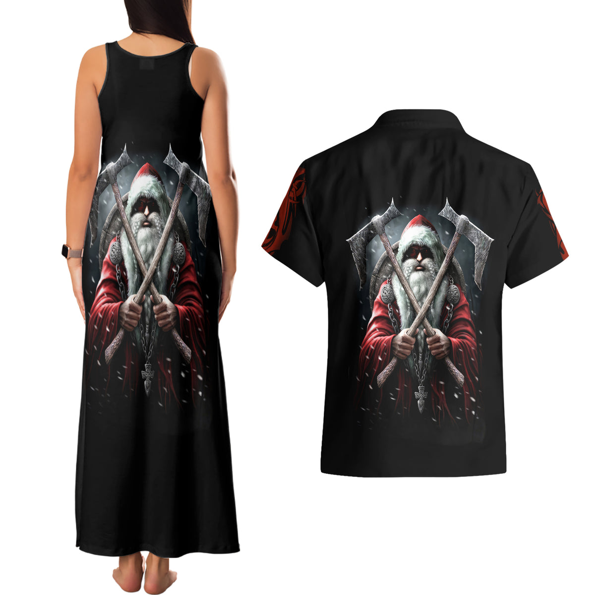 Viking Santa Claus Couples Matching Tank Maxi Dress and Hawaiian Shirt Vahalla Santa Clau Coming - Wonder Print Shop