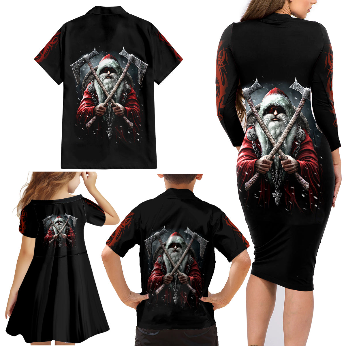 Viking Santa Claus Family Matching Long Sleeve Bodycon Dress and Hawaiian Shirt Vahalla Santa Clau Coming - Wonder Print Shop