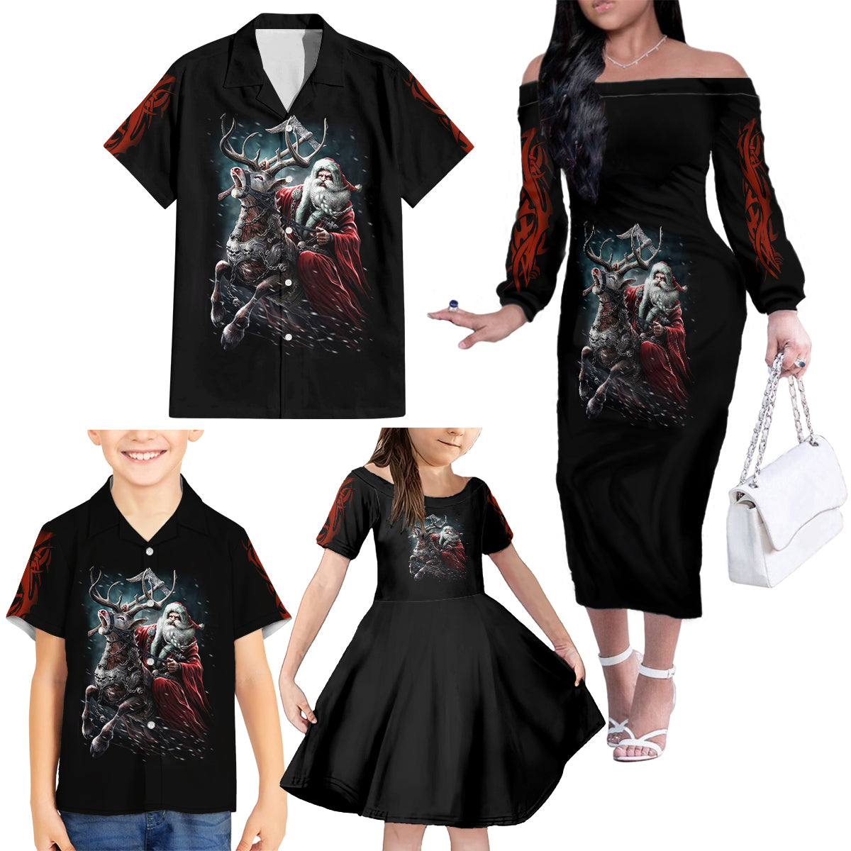 Viking Santa Claus Family Matching Off Shoulder Long Sleeve Dress and Hawaiian Shirt Vahalla Santa Clau Coming - Wonder Print Shop