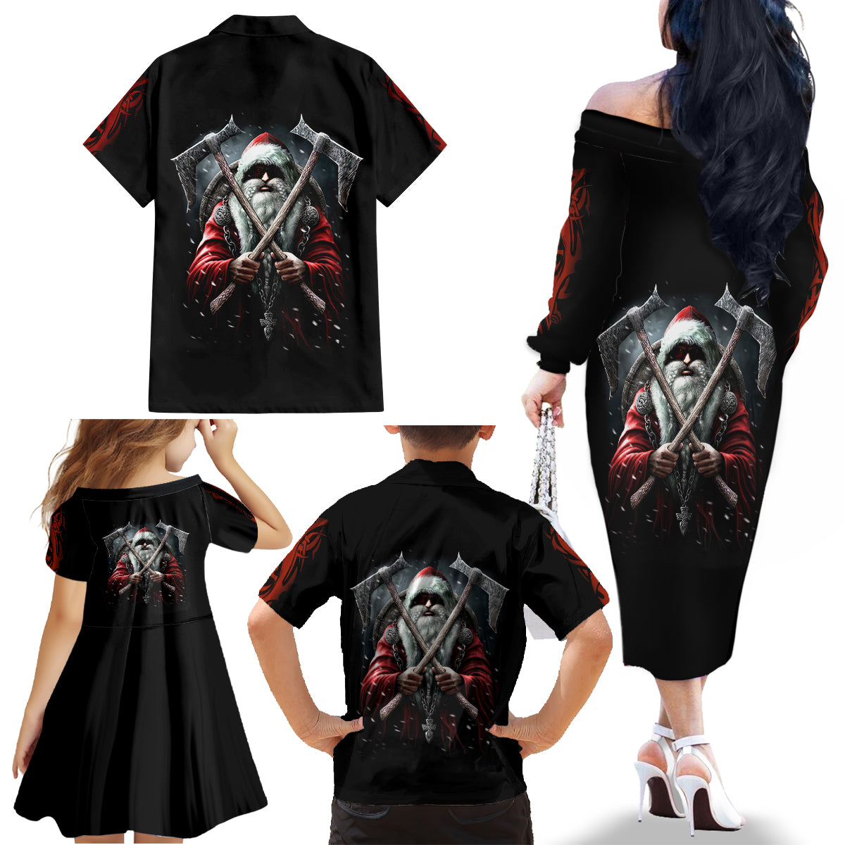 Viking Santa Claus Family Matching Off Shoulder Long Sleeve Dress and Hawaiian Shirt Vahalla Santa Clau Coming - Wonder Print Shop
