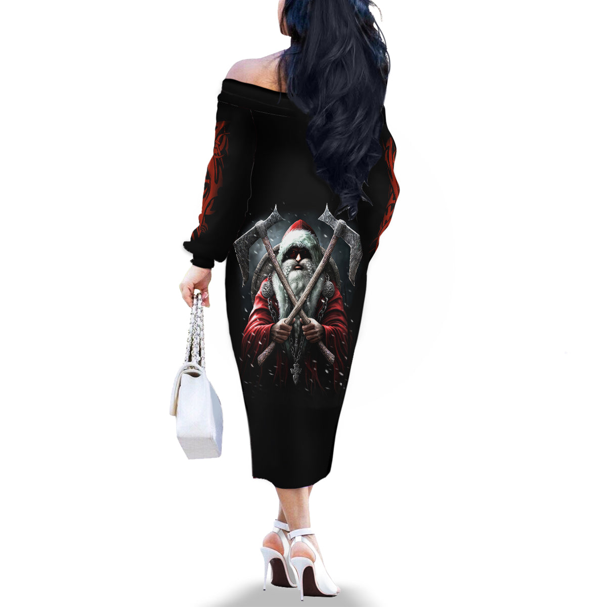Viking Santa Claus Family Matching Off Shoulder Long Sleeve Dress and Hawaiian Shirt Vahalla Santa Clau Coming - Wonder Print Shop