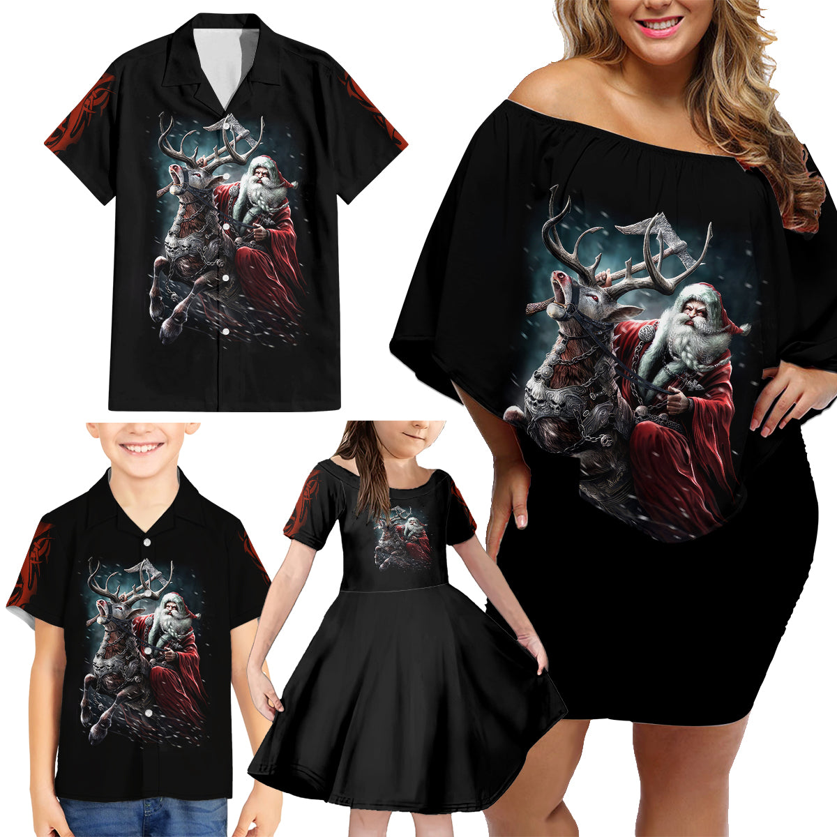 Viking Santa Claus Family Matching Off Shoulder Short Dress and Hawaiian Shirt Vahalla Santa Clau Coming - Wonder Print Shop