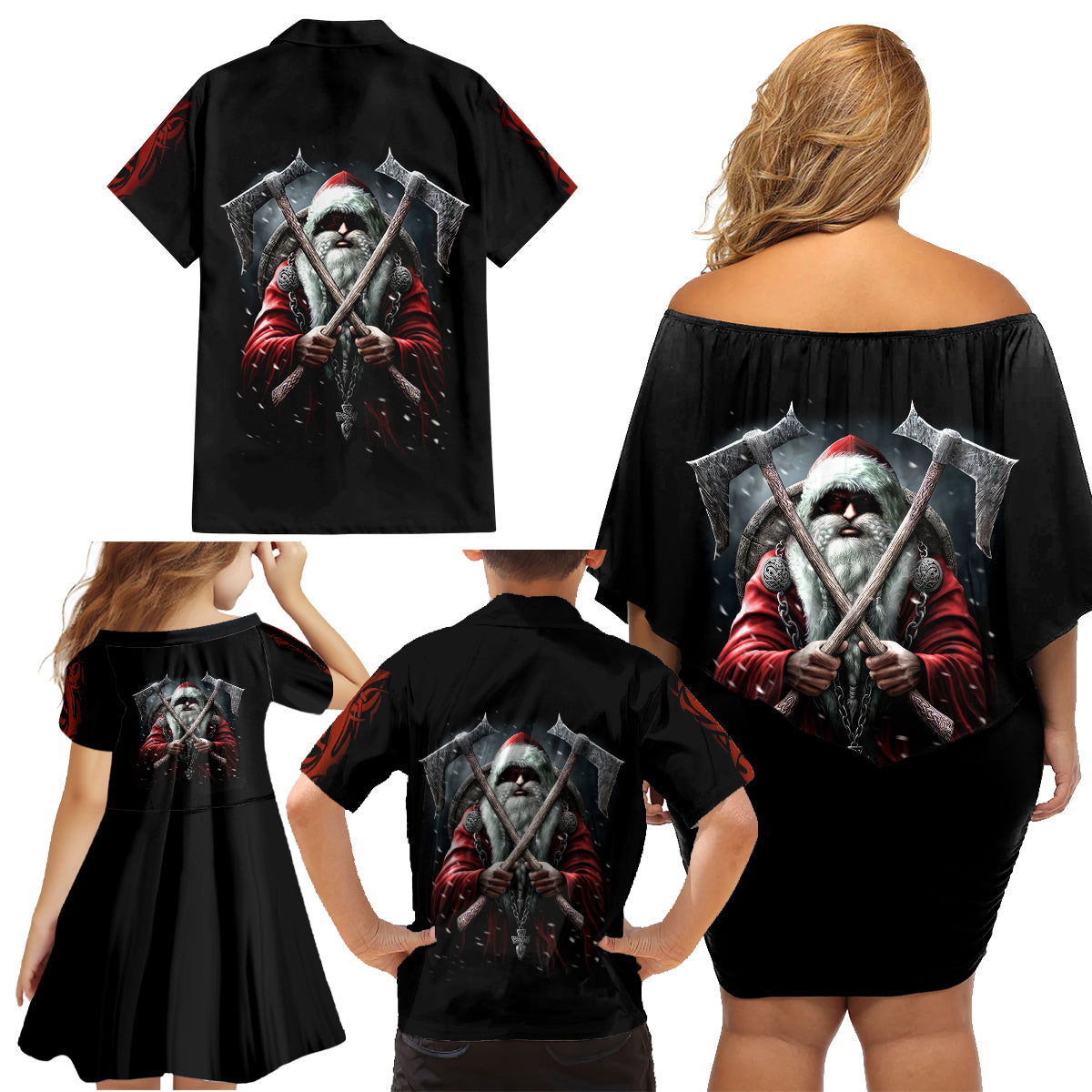 Viking Santa Claus Family Matching Off Shoulder Short Dress and Hawaiian Shirt Vahalla Santa Clau Coming - Wonder Print Shop