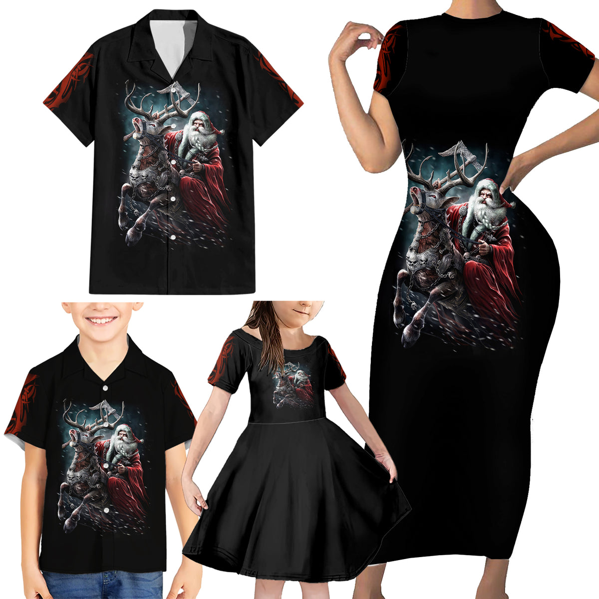 Viking Santa Claus Family Matching Short Sleeve Bodycon Dress and Hawaiian Shirt Vahalla Santa Clau Coming - Wonder Print Shop