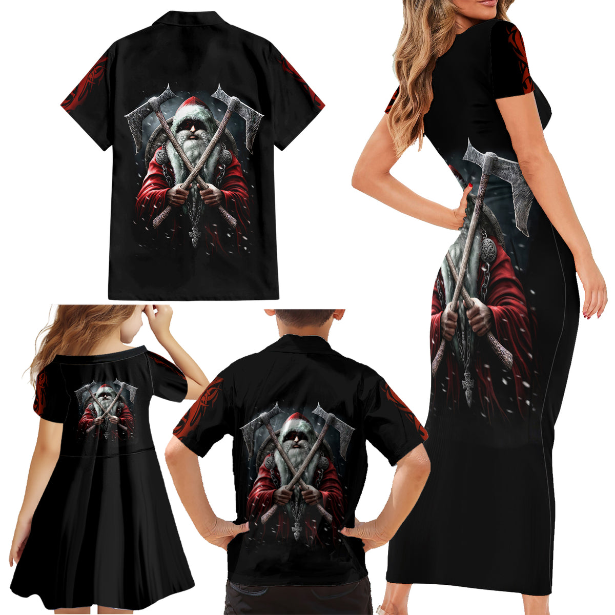 Viking Santa Claus Family Matching Short Sleeve Bodycon Dress and Hawaiian Shirt Vahalla Santa Clau Coming - Wonder Print Shop