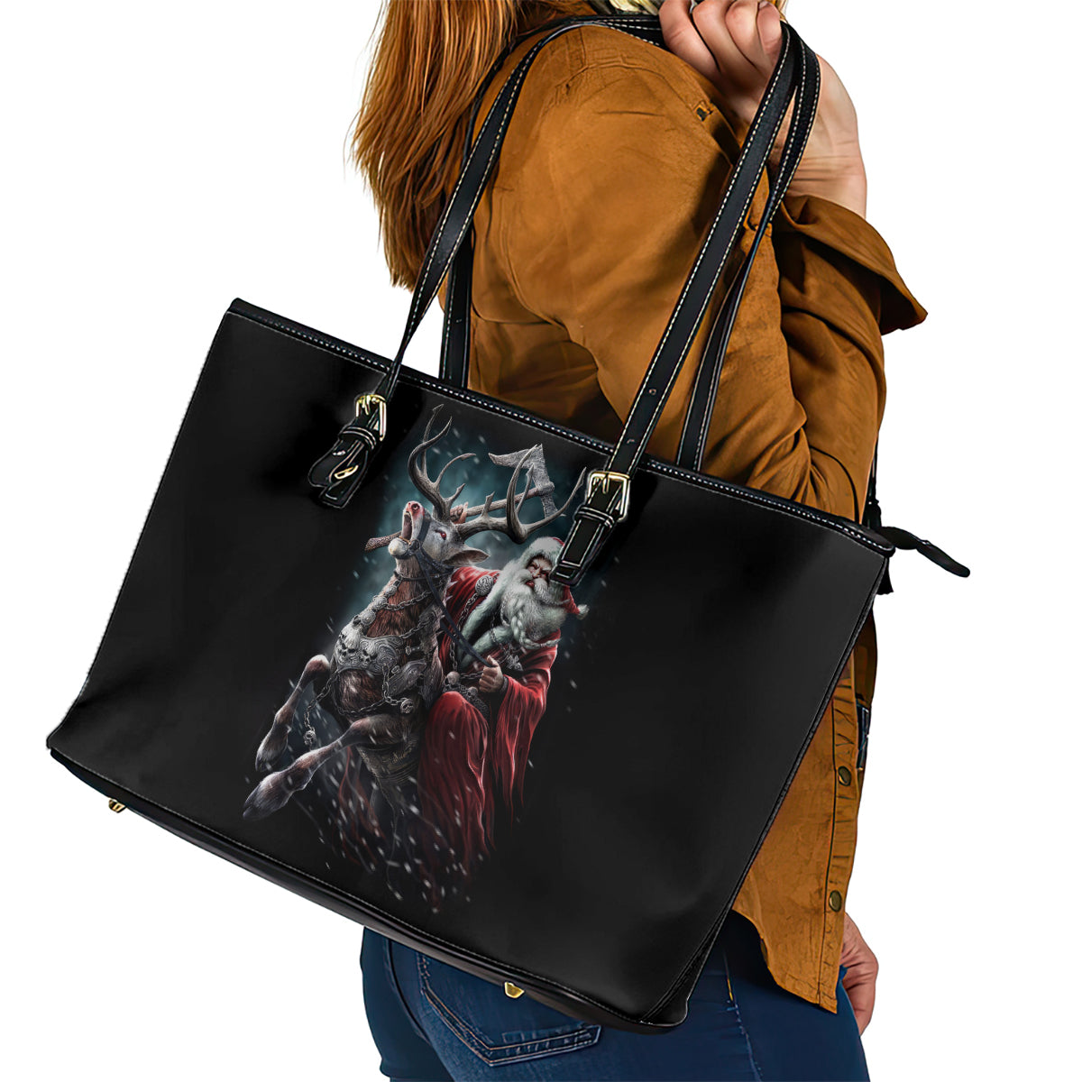 Viking Santa Claus Leather Tote Bag Vahalla Santa Clau Coming - Wonder Print Shop
