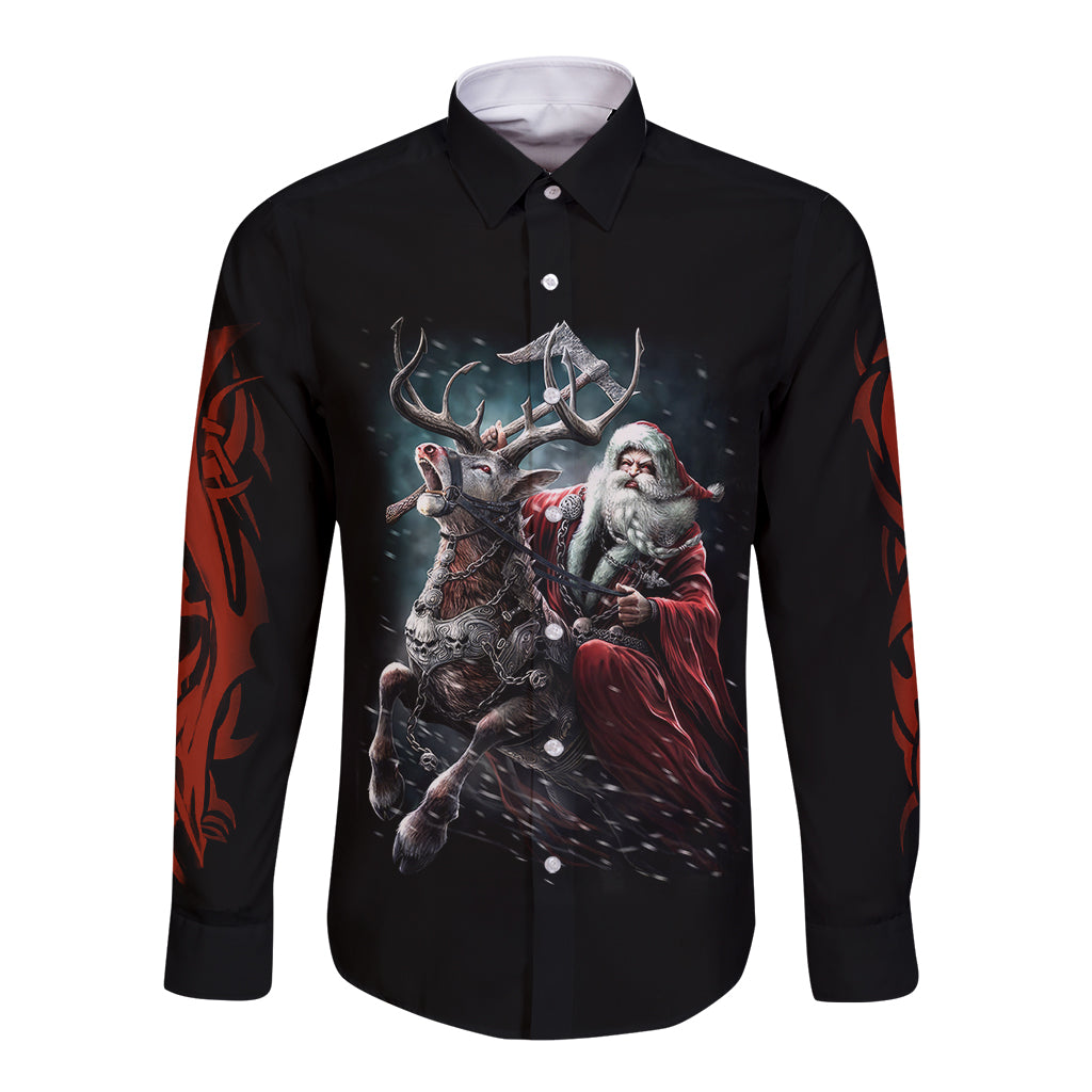 Viking Santa Claus Long Sleeve Button Shirt Vahalla Santa Clau Coming - Wonder Print Shop