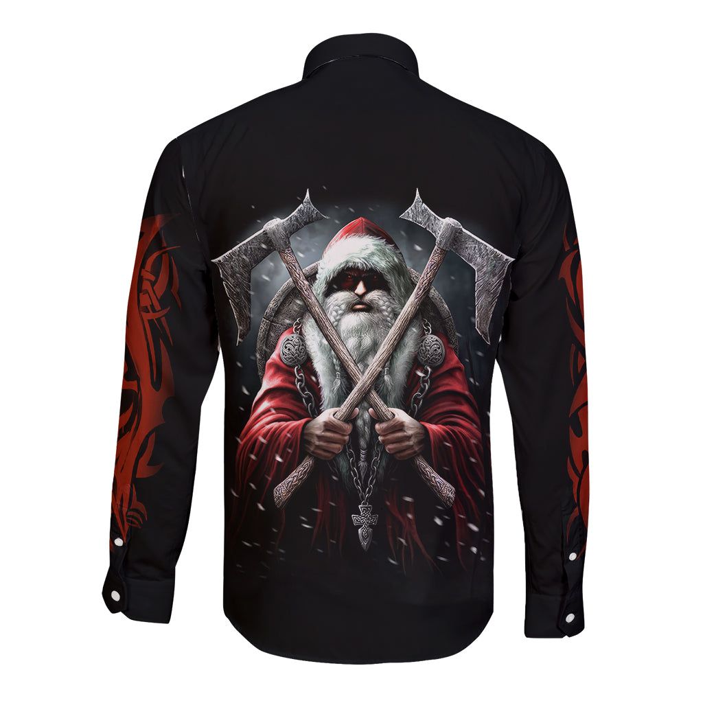 Viking Santa Claus Long Sleeve Button Shirt Vahalla Santa Clau Coming - Wonder Print Shop