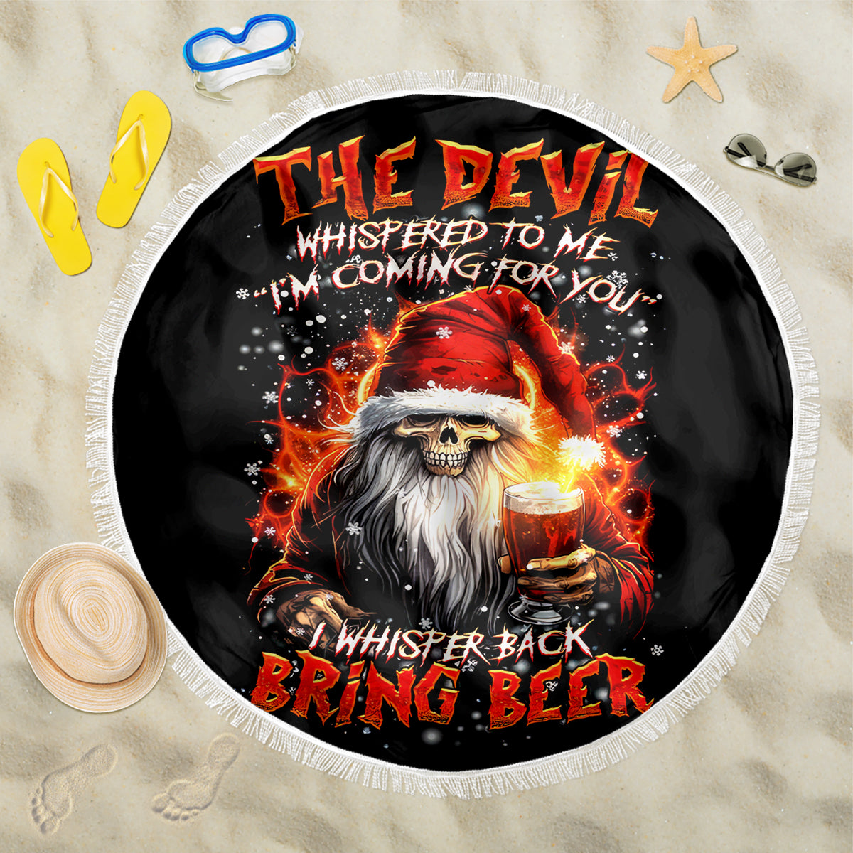 Skeleton Santa Claus Beach Blanket The Devil Whispered To Me I'm Coming For You I Whisper Back Bring Beer - Wonder Print Shop
