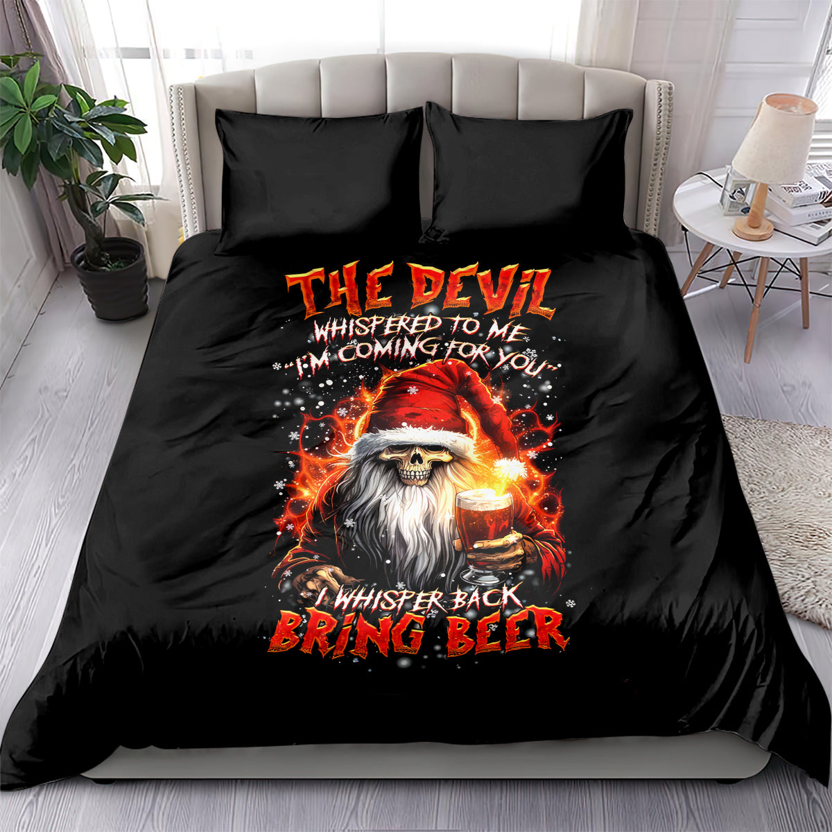 Skeleton Santa Claus Bedding Set The Devil Whispered To Me I'm Coming For You I Whisper Back Bring Beer - Wonder Print Shop