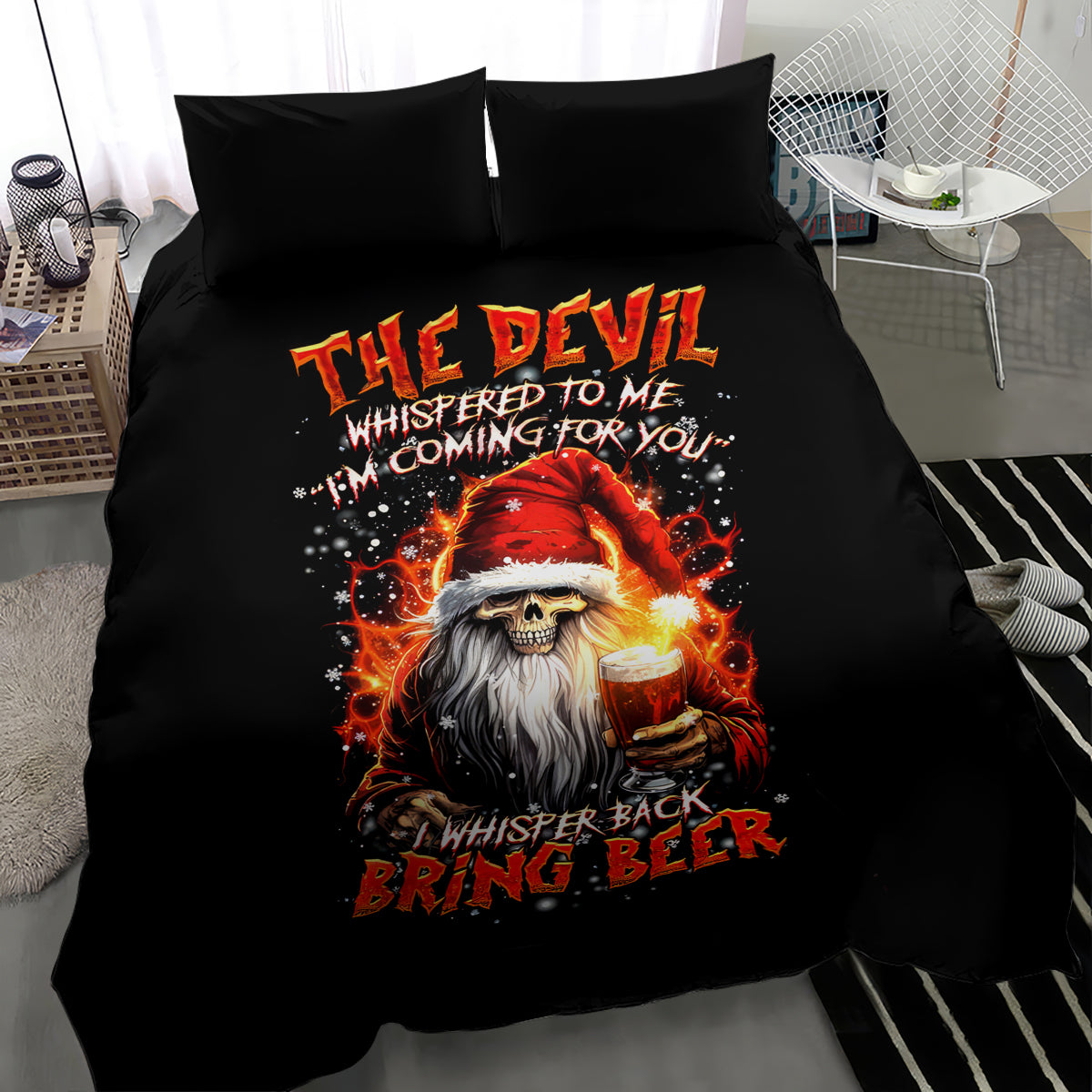 Skeleton Santa Claus Bedding Set The Devil Whispered To Me I'm Coming For You I Whisper Back Bring Beer - Wonder Print Shop