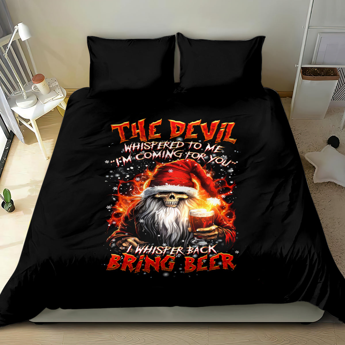 Skeleton Santa Claus Bedding Set The Devil Whispered To Me I'm Coming For You I Whisper Back Bring Beer - Wonder Print Shop