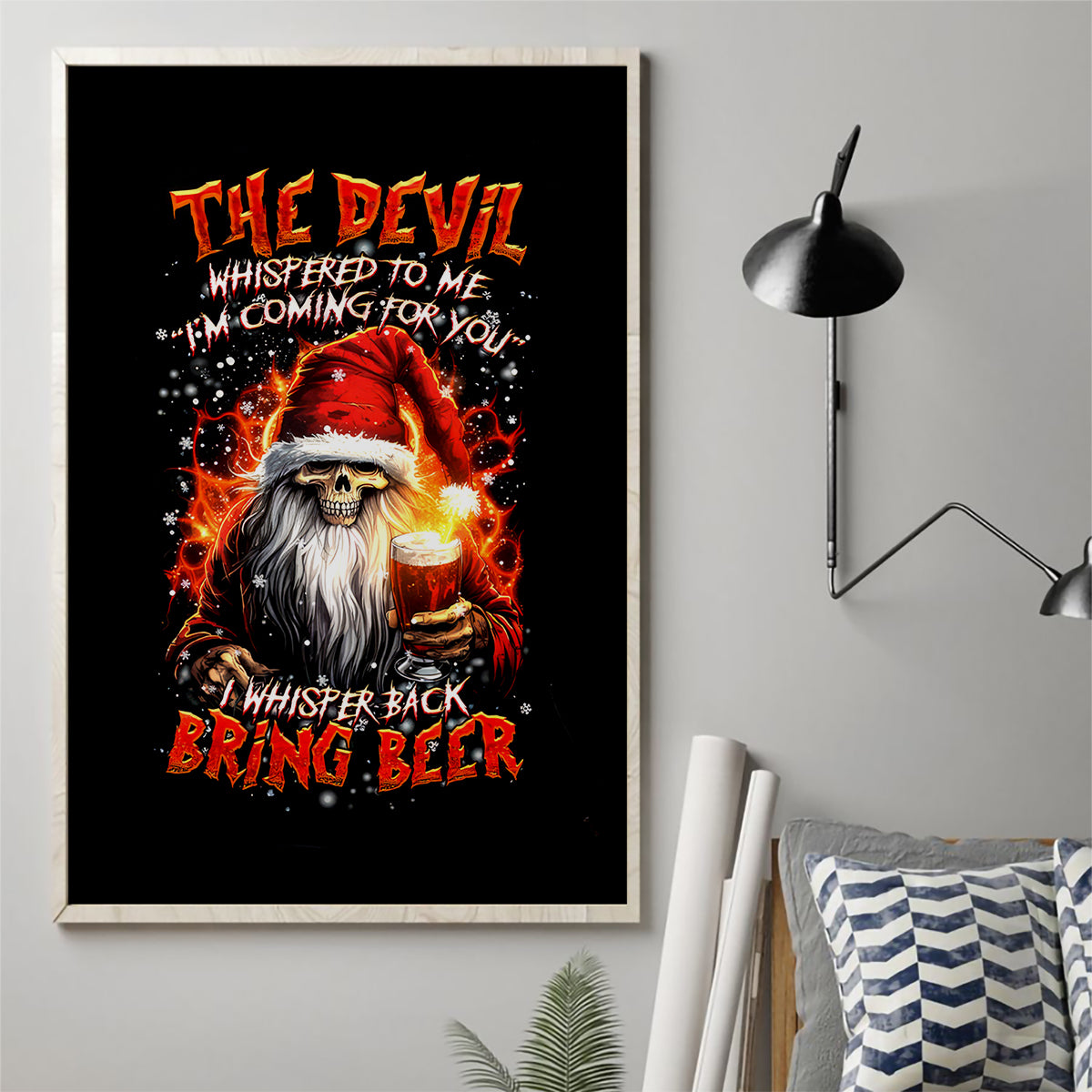 Skeleton Santa Claus Canvas Wall Art The Devil Whispered To Me I'm Coming For You I Whisper Back Bring Beer - Wonder Print Shop