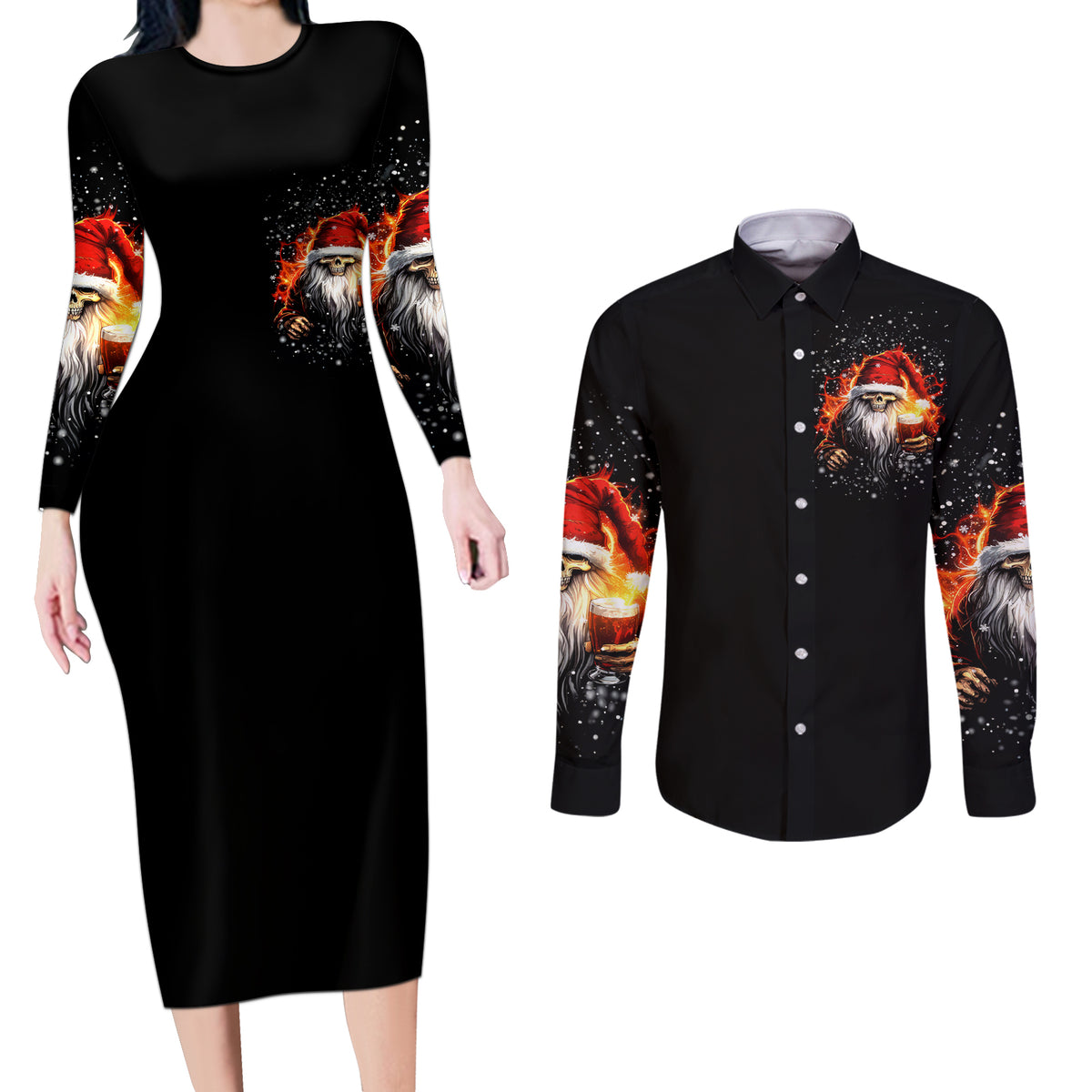 Skeleton Santa Claus Couples Matching Long Sleeve Bodycon Dress and Long Sleeve Button Shirt The Devil Whispered To Me I'm Coming For You I Whisper Back Bring Beer - Wonder Print Shop