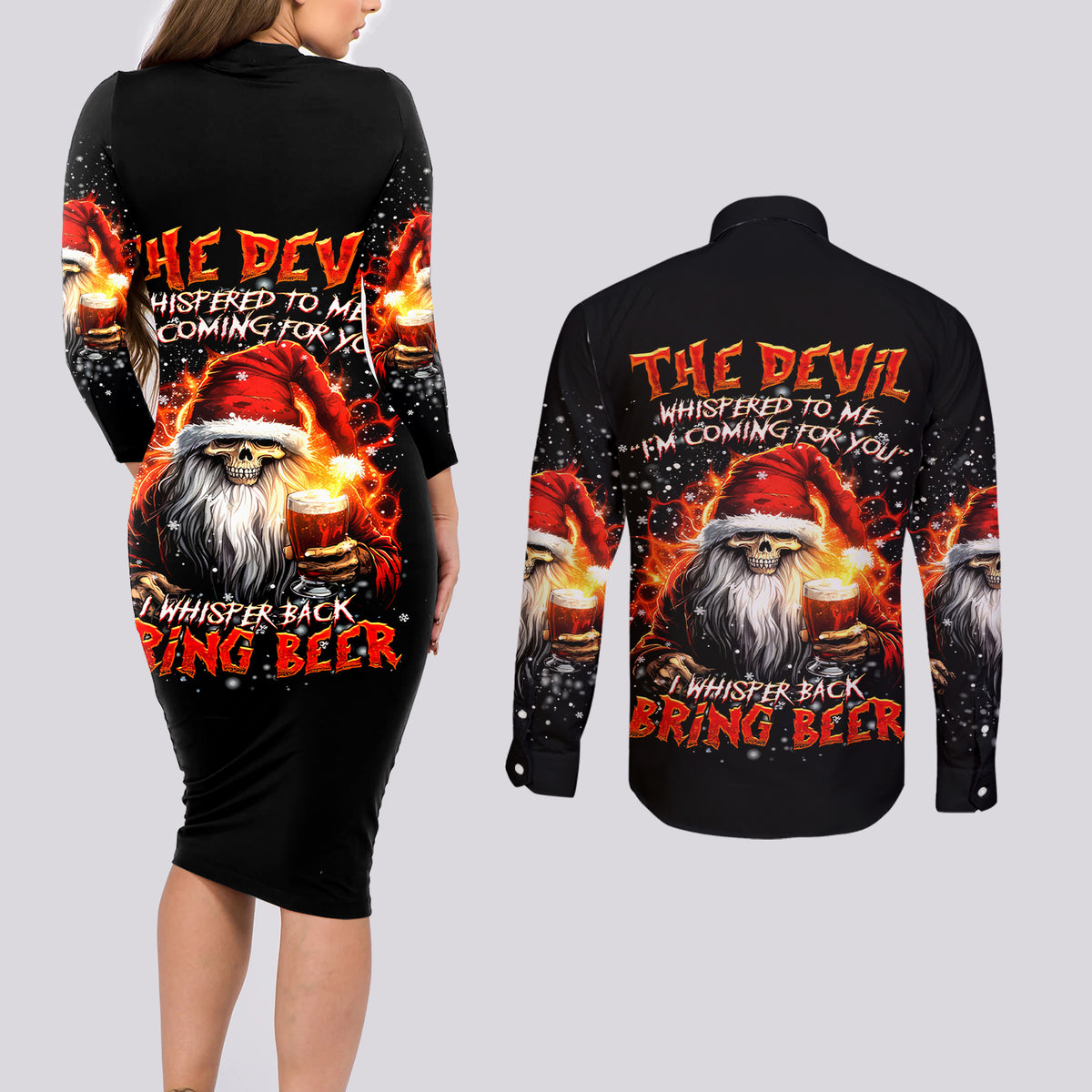 Skeleton Santa Claus Couples Matching Long Sleeve Bodycon Dress and Long Sleeve Button Shirt The Devil Whispered To Me I'm Coming For You I Whisper Back Bring Beer - Wonder Print Shop