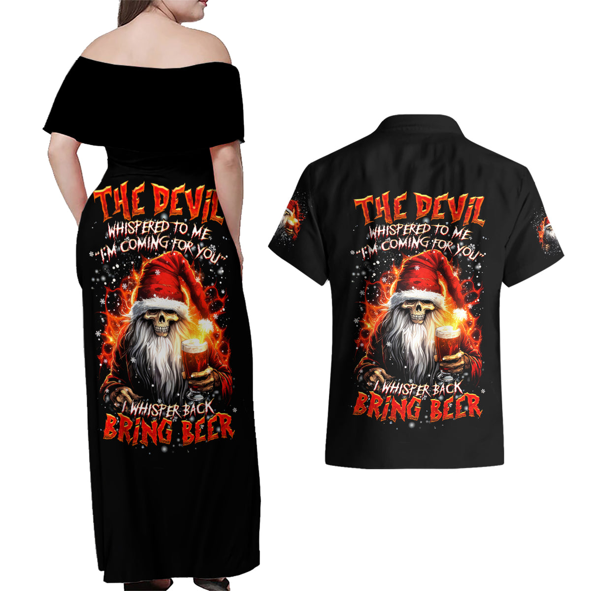 Skeleton Santa Claus Couples Matching Off Shoulder Maxi Dress and Hawaiian Shirt The Devil Whispered To Me I'm Coming For You I Whisper Back Bring Beer - Wonder Print Shop