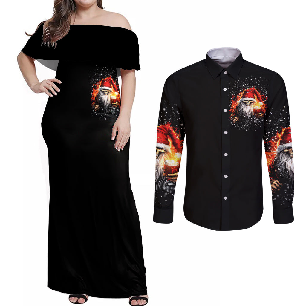Skeleton Santa Claus Couples Matching Off Shoulder Maxi Dress and Long Sleeve Button Shirt The Devil Whispered To Me I'm Coming For You I Whisper Back Bring Beer - Wonder Print Shop