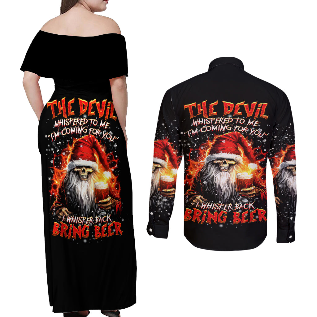 Skeleton Santa Claus Couples Matching Off Shoulder Maxi Dress and Long Sleeve Button Shirt The Devil Whispered To Me I'm Coming For You I Whisper Back Bring Beer - Wonder Print Shop