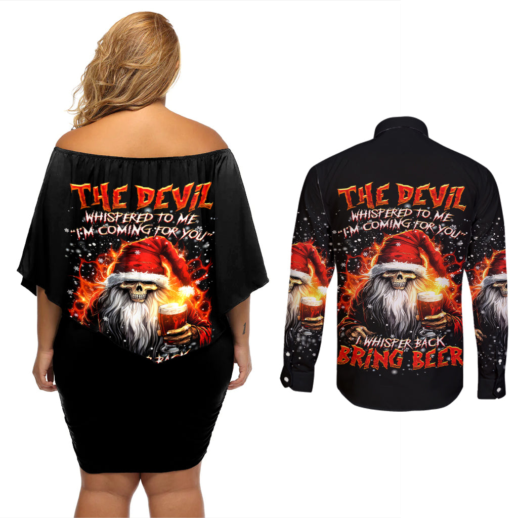 Skeleton Santa Claus Couples Matching Off Shoulder Short Dress and Long Sleeve Button Shirt The Devil Whispered To Me I'm Coming For You I Whisper Back Bring Beer - Wonder Print Shop