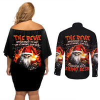 Skeleton Santa Claus Couples Matching Off Shoulder Short Dress and Long Sleeve Button Shirt The Devil Whispered To Me I'm Coming For You I Whisper Back Bring Beer - Wonder Print Shop