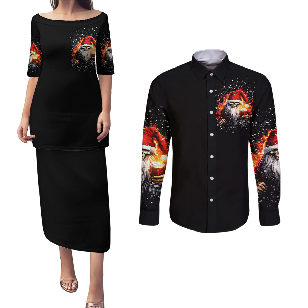 Skeleton Santa Claus Couples Matching Puletasi Dress and Long Sleeve Button Shirt The Devil Whispered To Me I'm Coming For You I Whisper Back Bring Beer - Wonder Print Shop