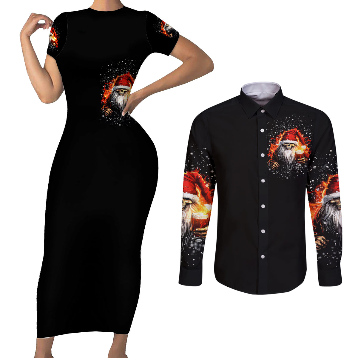 Skeleton Santa Claus Couples Matching Short Sleeve Bodycon Dress and Long Sleeve Button Shirt The Devil Whispered To Me I'm Coming For You I Whisper Back Bring Beer - Wonder Print Shop