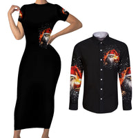 Skeleton Santa Claus Couples Matching Short Sleeve Bodycon Dress and Long Sleeve Button Shirt The Devil Whispered To Me I'm Coming For You I Whisper Back Bring Beer - Wonder Print Shop