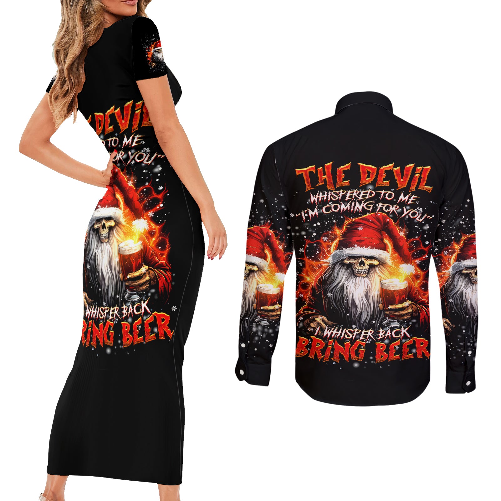 Skeleton Santa Claus Couples Matching Short Sleeve Bodycon Dress and Long Sleeve Button Shirt The Devil Whispered To Me I'm Coming For You I Whisper Back Bring Beer - Wonder Print Shop