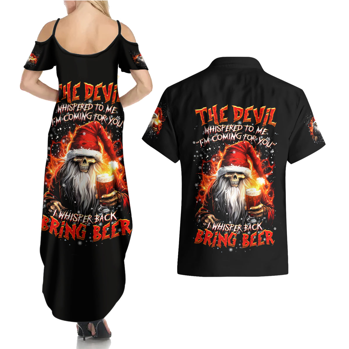 Skeleton Santa Claus Couples Matching Summer Maxi Dress and Hawaiian Shirt The Devil Whispered To Me I'm Coming For You I Whisper Back Bring Beer - Wonder Print Shop
