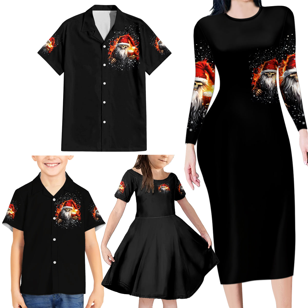 Skeleton Santa Claus Family Matching Long Sleeve Bodycon Dress and Hawaiian Shirt The Devil Whispered To Me I'm Coming For You I Whisper Back Bring Beer - Wonder Print Shop