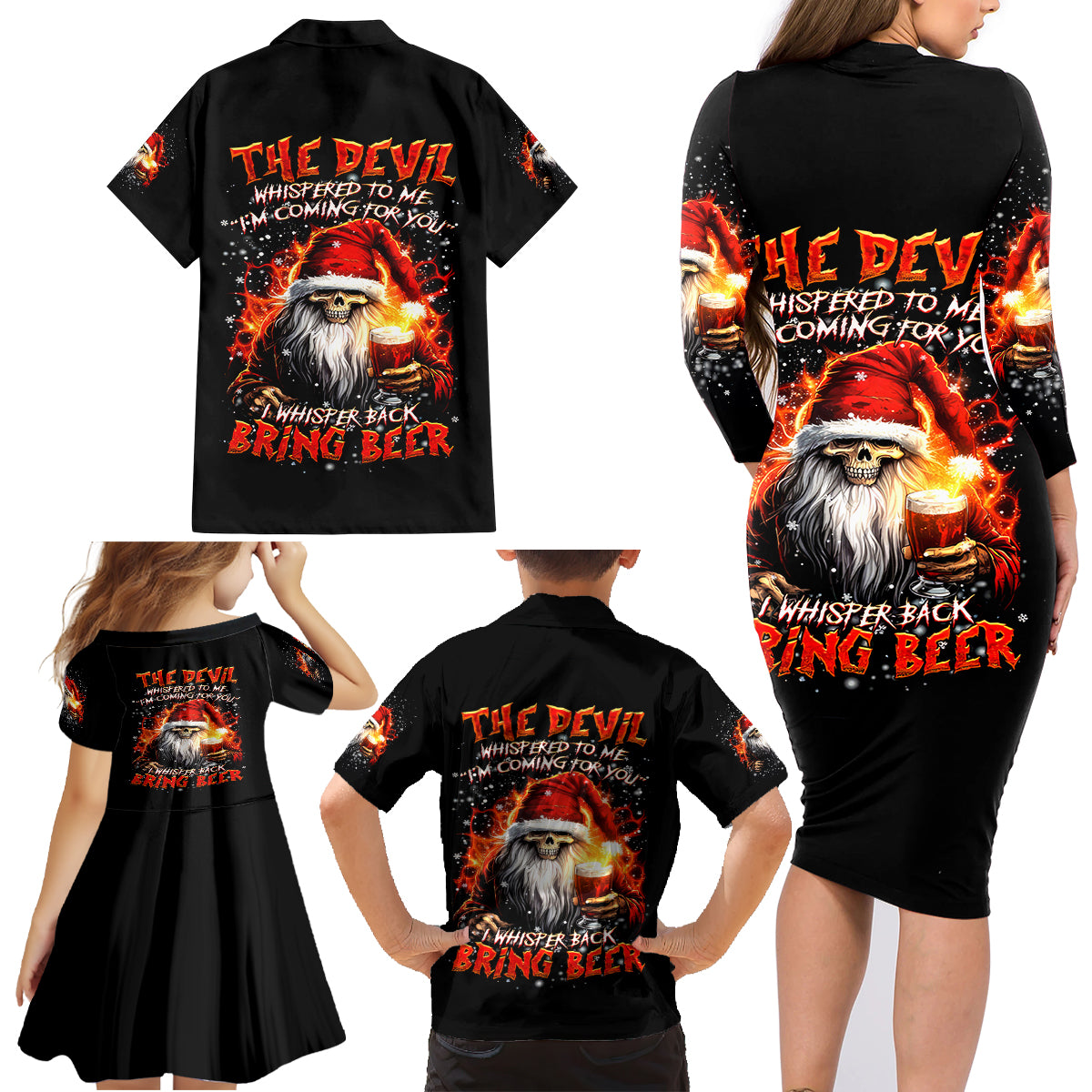 Skeleton Santa Claus Family Matching Long Sleeve Bodycon Dress and Hawaiian Shirt The Devil Whispered To Me I'm Coming For You I Whisper Back Bring Beer - Wonder Print Shop