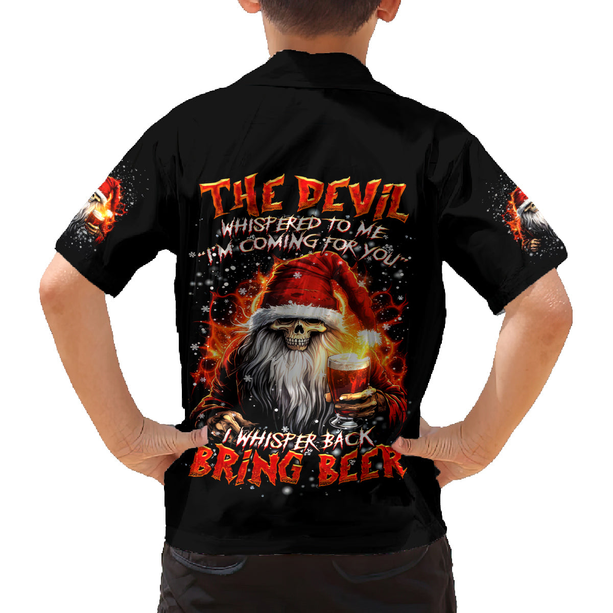 Skeleton Santa Claus Family Matching Off Shoulder Long Sleeve Dress and Hawaiian Shirt The Devil Whispered To Me I'm Coming For You I Whisper Back Bring Beer - Wonder Print Shop