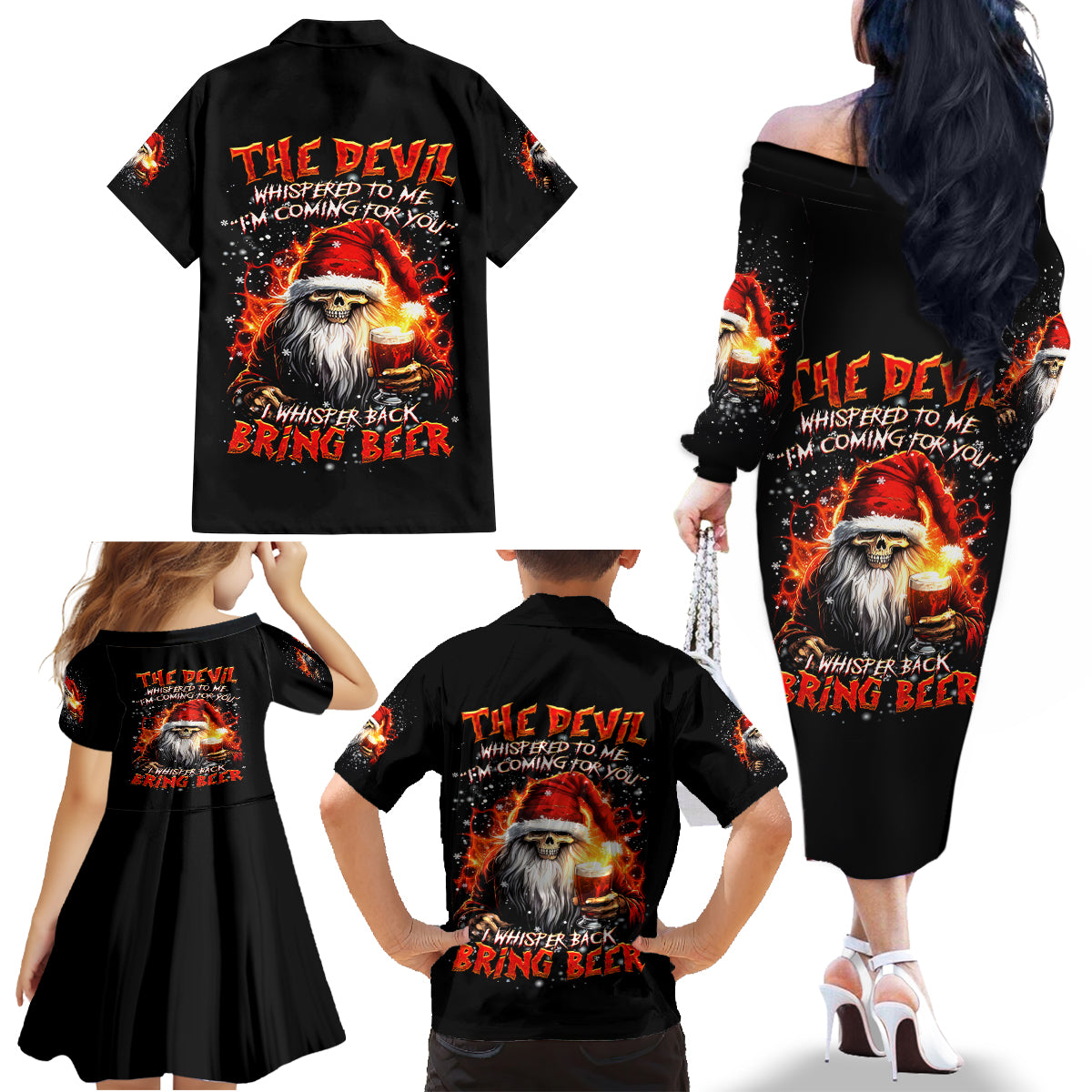 Skeleton Santa Claus Family Matching Off Shoulder Long Sleeve Dress and Hawaiian Shirt The Devil Whispered To Me I'm Coming For You I Whisper Back Bring Beer - Wonder Print Shop